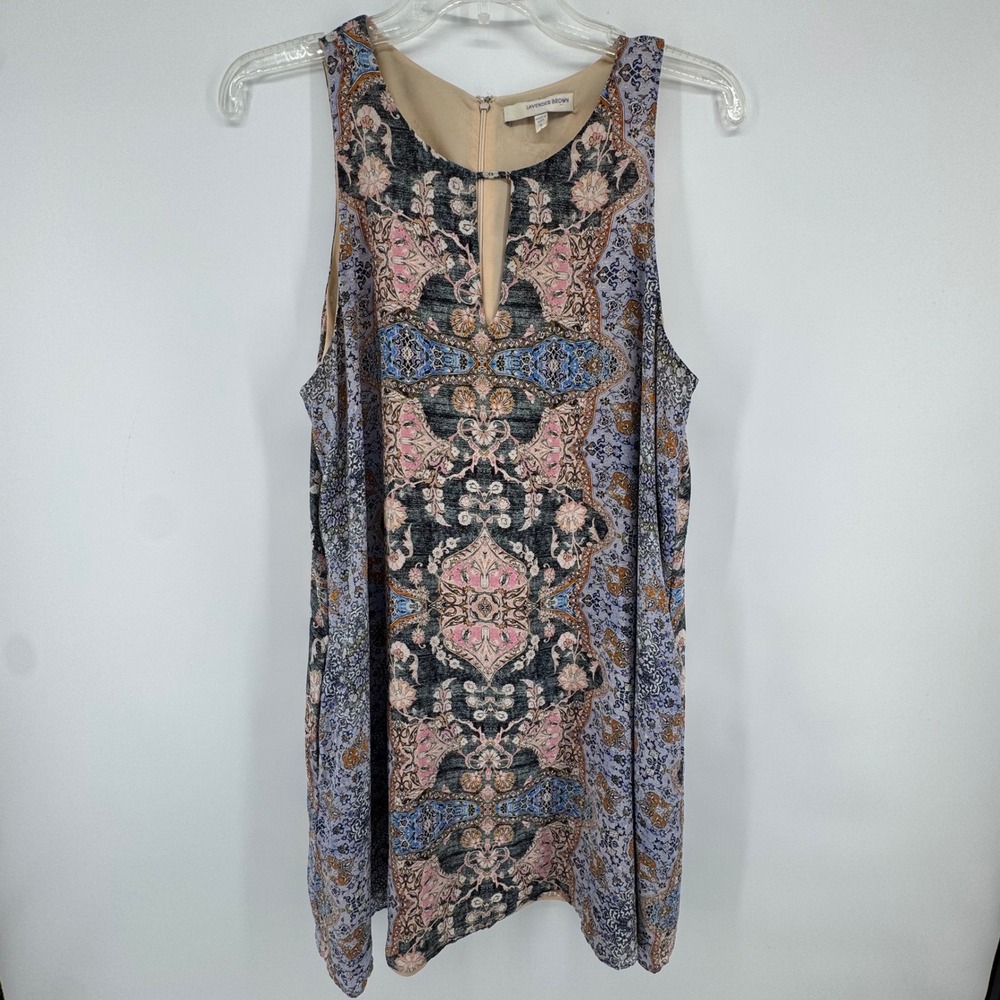 Lavender Brown Mini Dress Womens Large Multicolor Silk Paisley Boho Shift